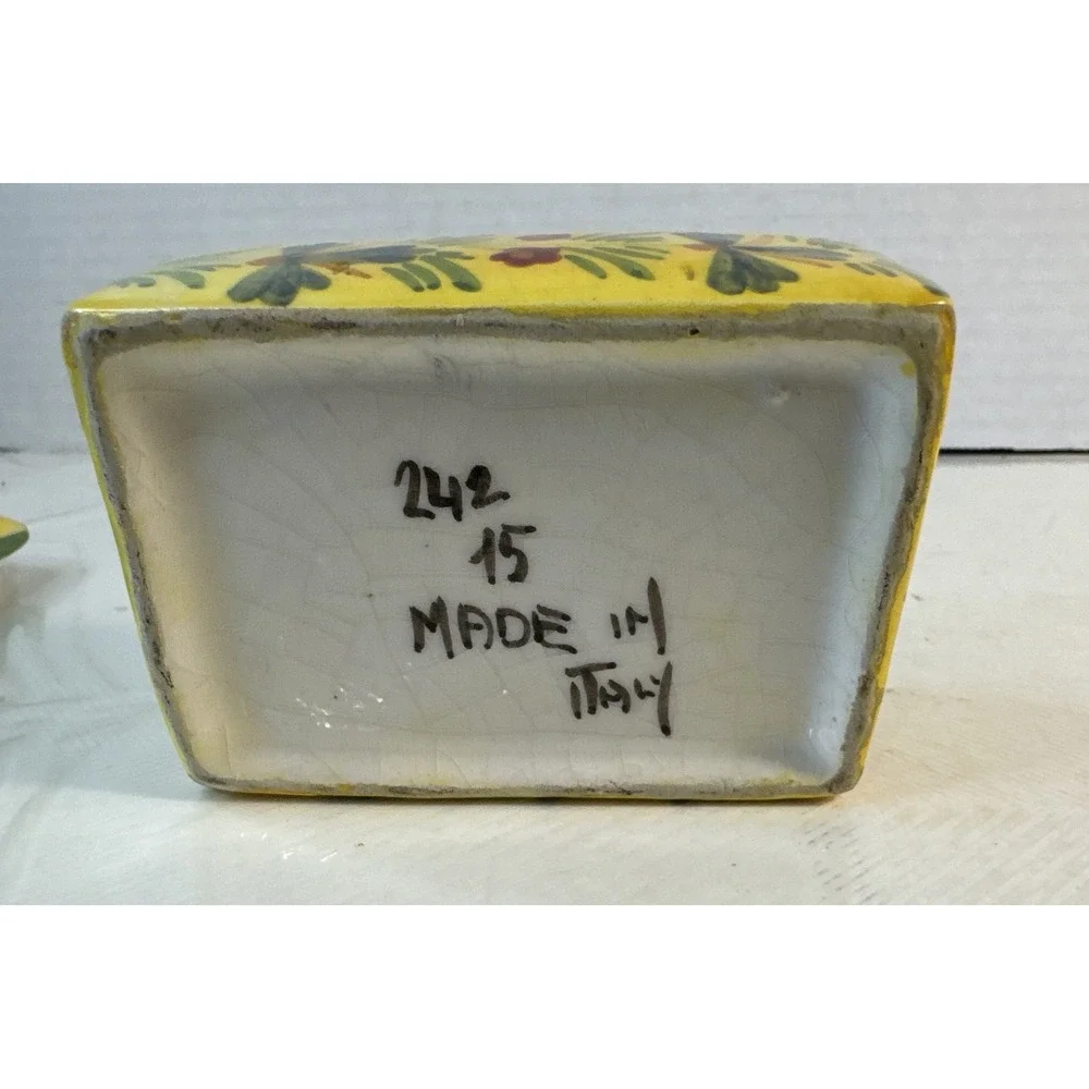 Yellow Green Porcelain Rectangle Trinket Vanity Box Italy Spring Floral 3.5x2.5